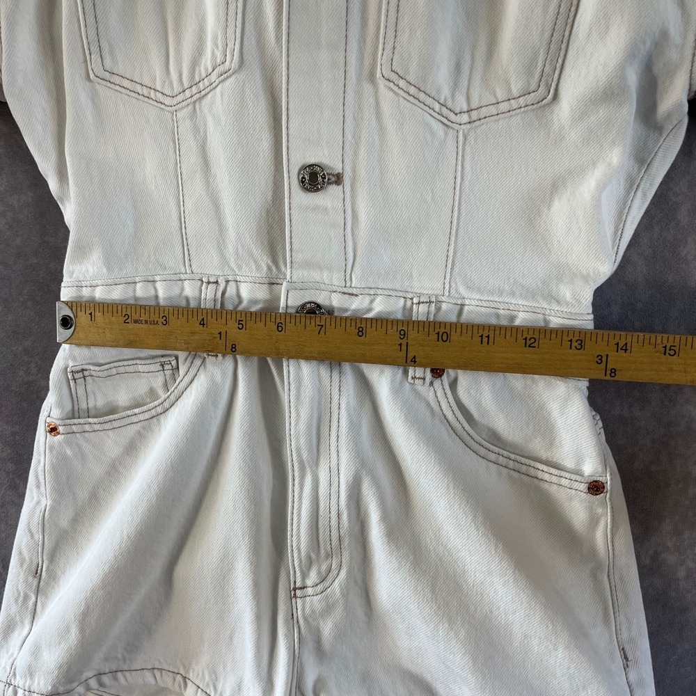 Zara Denim Romper Womens Size Small White Contrast Stitch Short Sleeve Utility - Picture 7 of 11